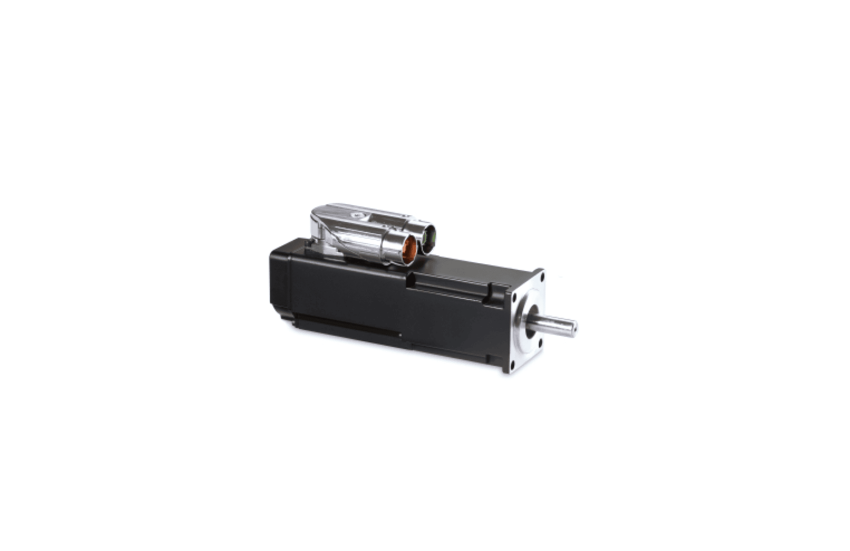 A black industrial servo motor with a silver shaft and two metallic connectors on top, photographed on a white background.