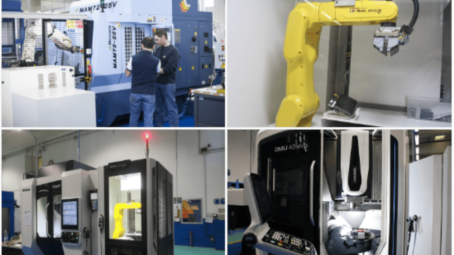 A collage of four images showing industrial robots and CNC machines in a manufacturing facility, with engineers inspecting machinery and robotic arms operating equipment.