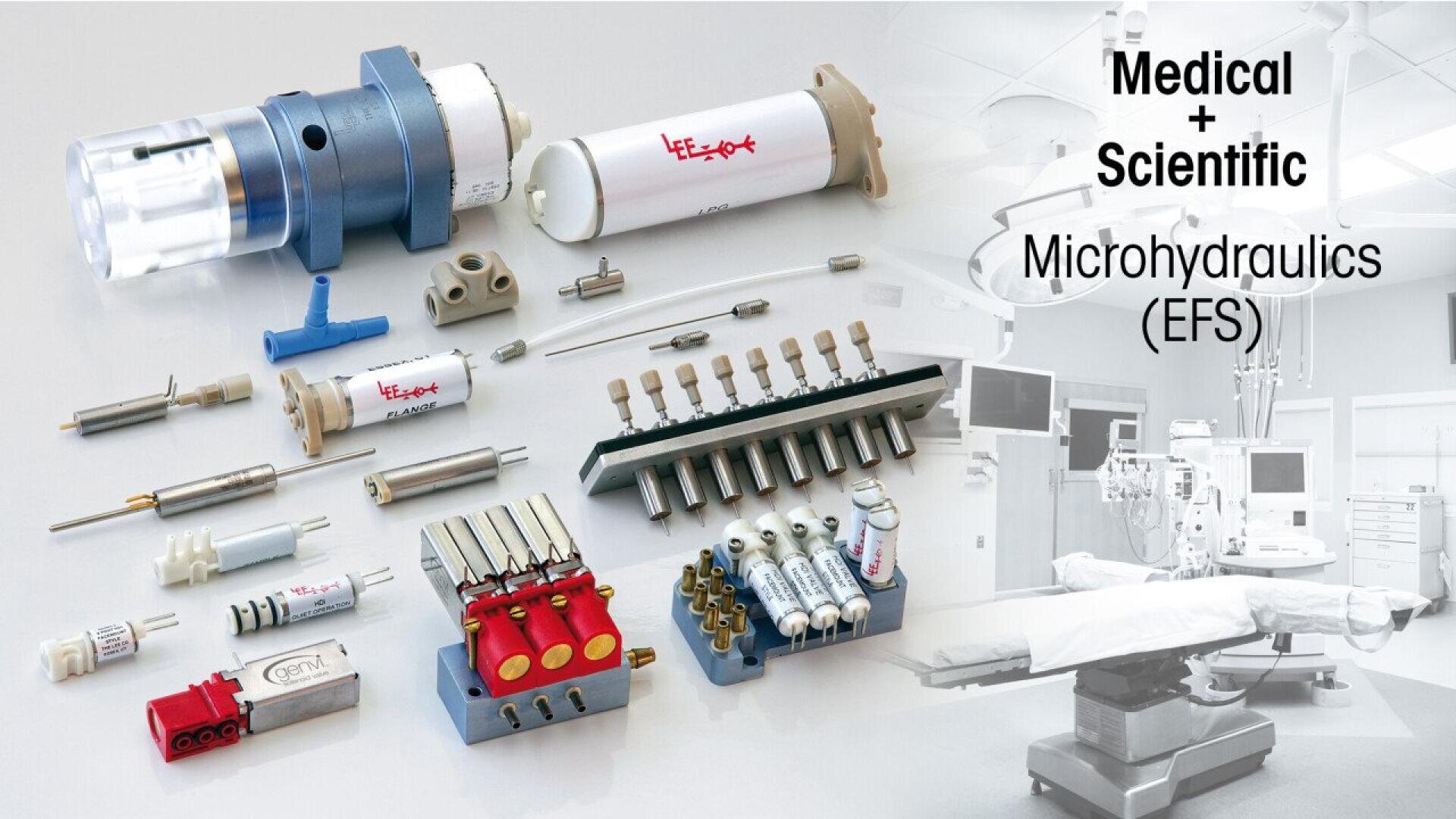 Assorted microhydraulic components and devices are displayed on a white surface, with a background image of a modern medical operating room. Text reads Medical + Scientific Microhydraulics (EFS).