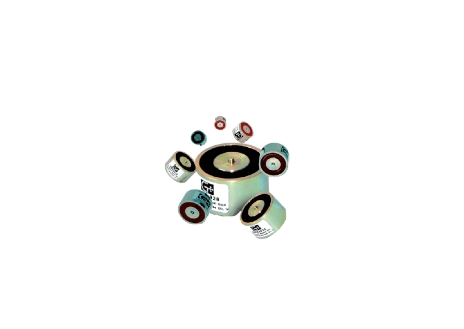 Verschiedene zylindrische Industrierollen und -räder, meist weiß mit farbigen Rändern, in einer losen Gruppe auf einem einfarbigen weißen Hintergrund angeordnet.