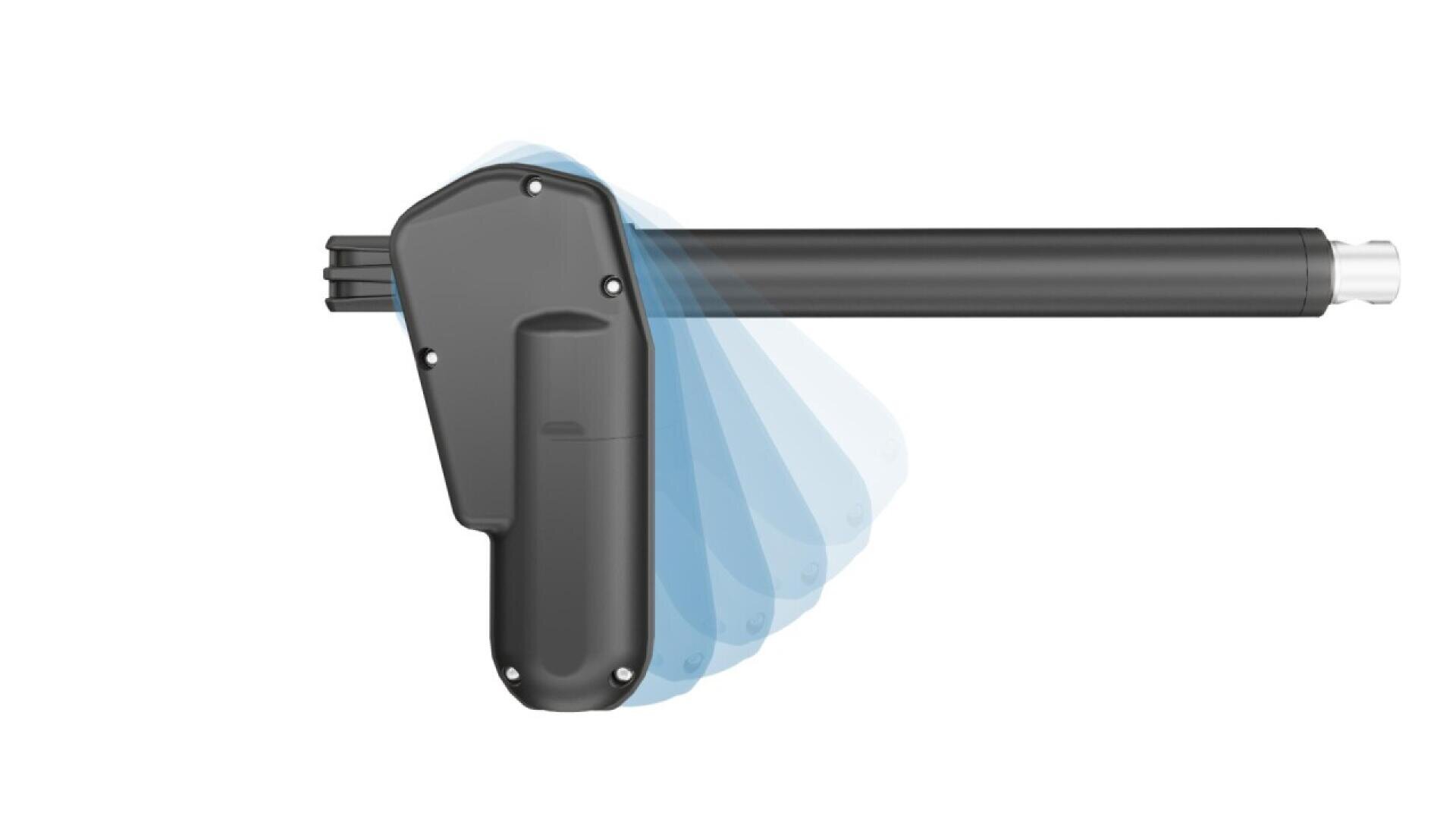 A black motorized gate arm is shown in multiple positions, illustrating its range of motion against a white background. Blue shading highlights the different possible angles of movement.