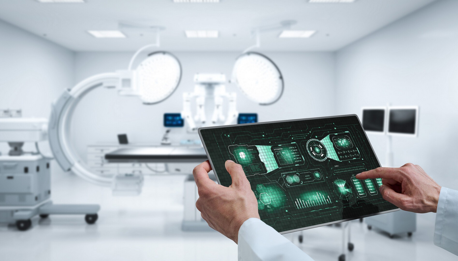 Medical technology concept with 3d rendering robot hand hold tablet with graphic display in surgery room