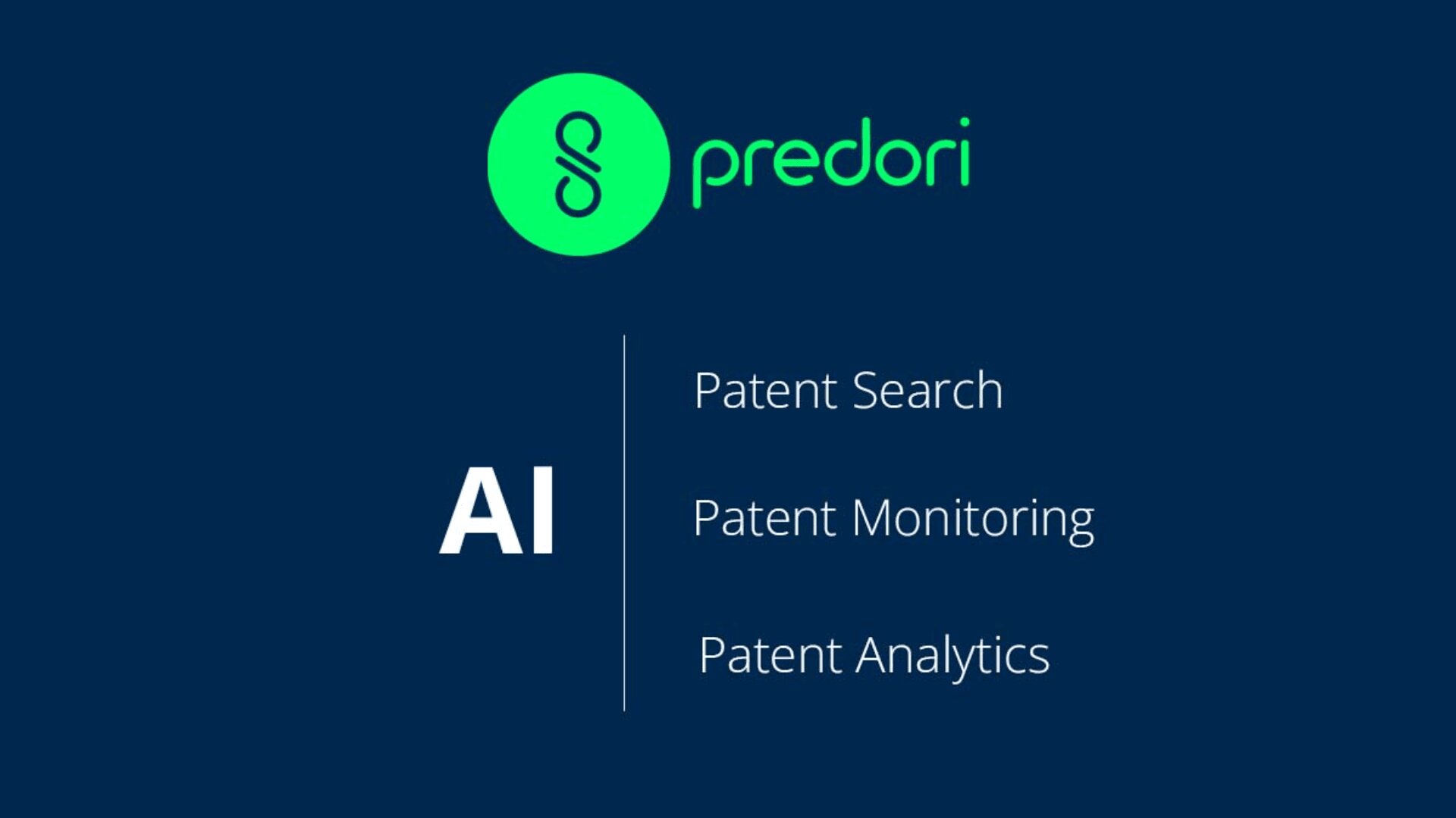 Predori-Logo mit grünem Symbol und Text. Darunter sind die Wörter AI | Patent Search, Patent Monitoring und Patent Analytics auf dunkelblauem Hintergrund aufgeführt.