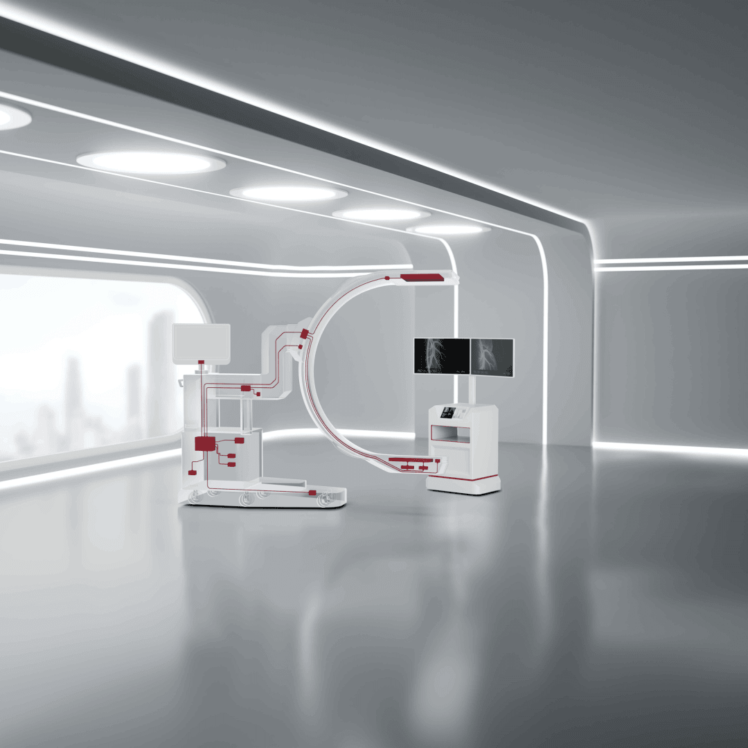 A modern medical imaging machine with curved and rectangular components stands in a sleek, futuristic room with large windows and two computer screens displaying X-ray images.
