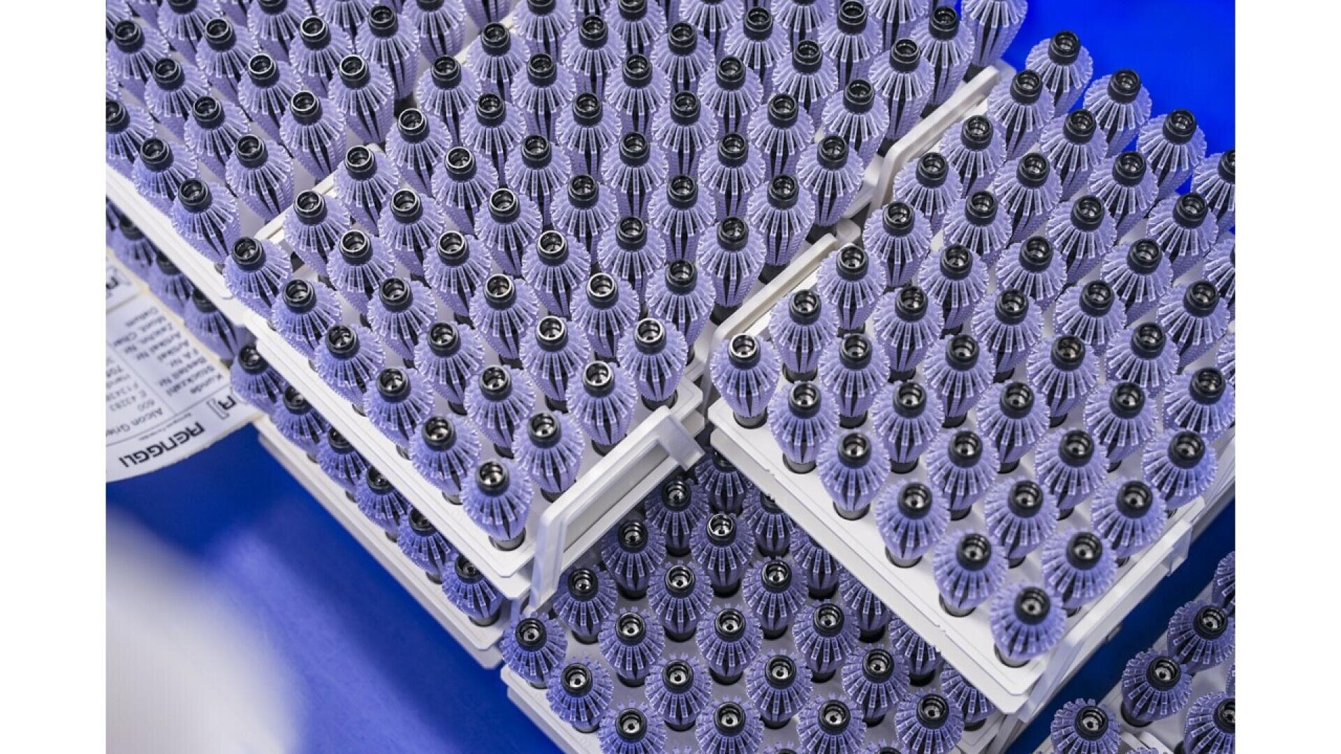 Close-up of trays filled with rows of small medical vials, each sealed with a gray cap, arranged neatly on a blue surface. The vials appear to be ready for distribution or laboratory use.