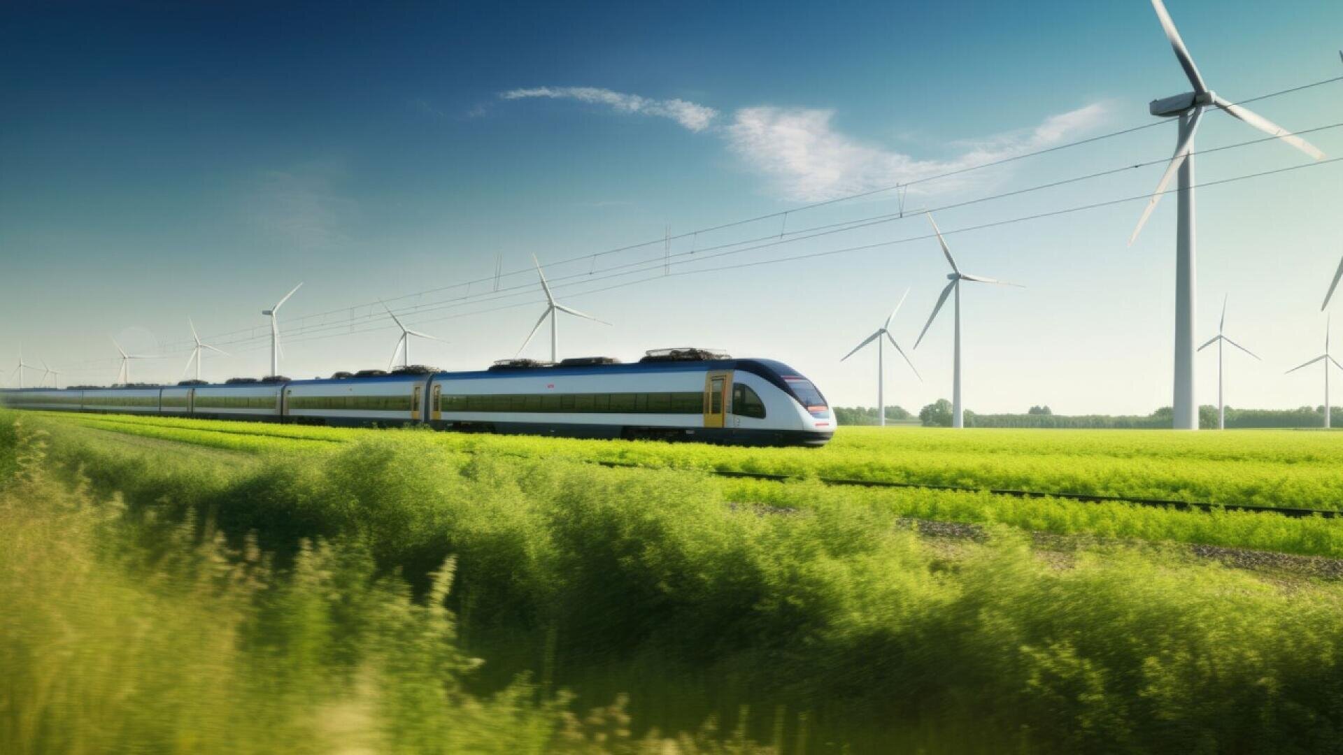 A modern high-speed train travels through green fields with large wind turbines in the background on a sunny day, symbolizing clean energy and sustainable transportation.