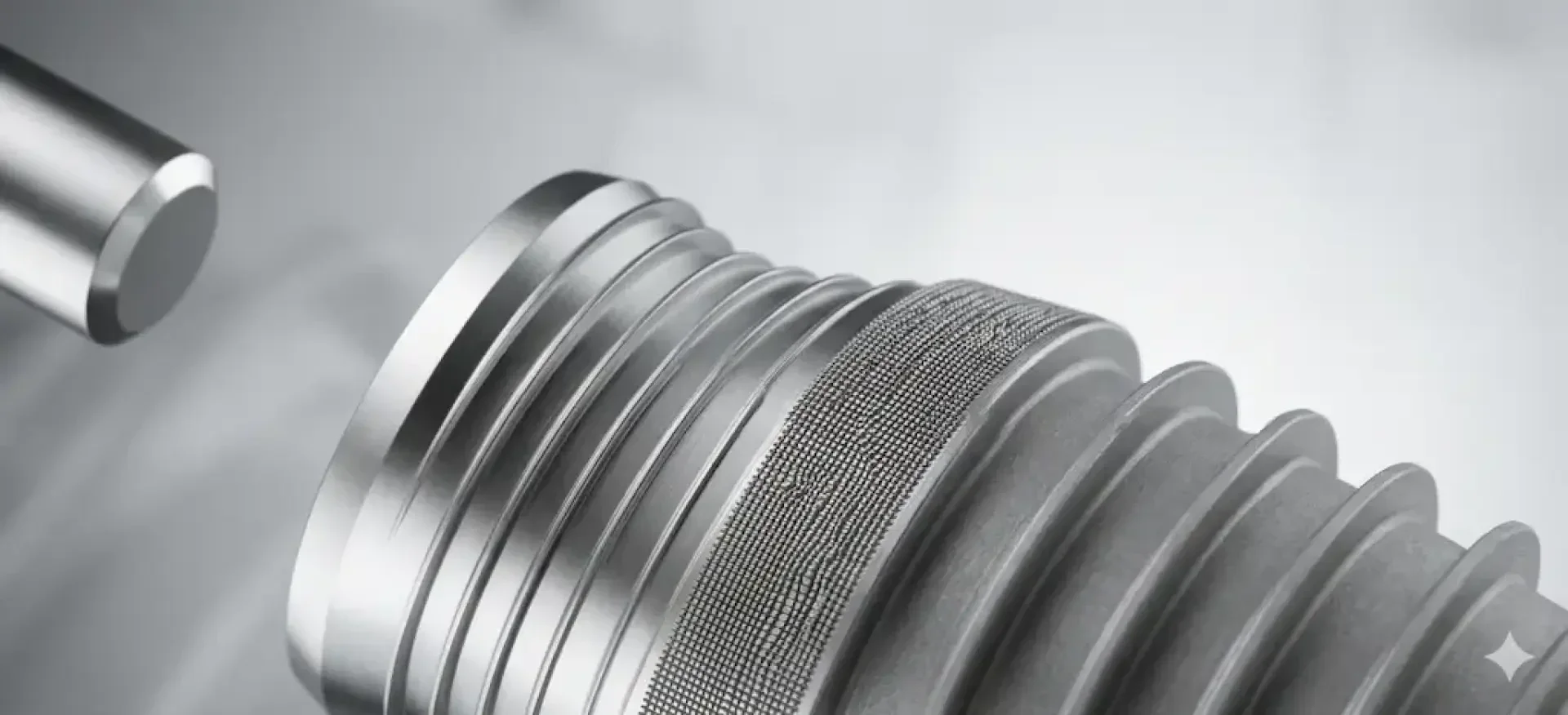 Close-up of a cylindrical metal part with fine grooves and a textured surface, possibly part of a mechanical or industrial machine, against a blurred gray background.
