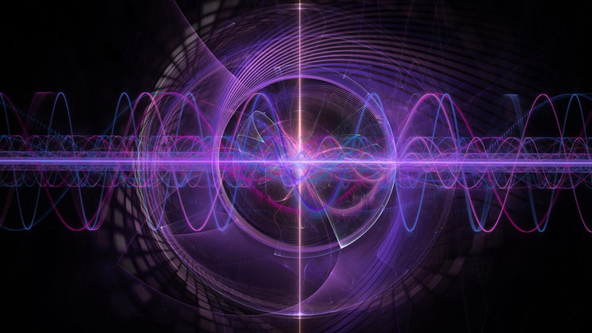 Abstrakte digitale Kunst mit leuchtenden violetten und blauen Wellenformen, die sich kreuzen und von einem zentralen Punkt ausgehen, mit kreisförmigen Formen und Energielinien vor einem dunklen Hintergrund.