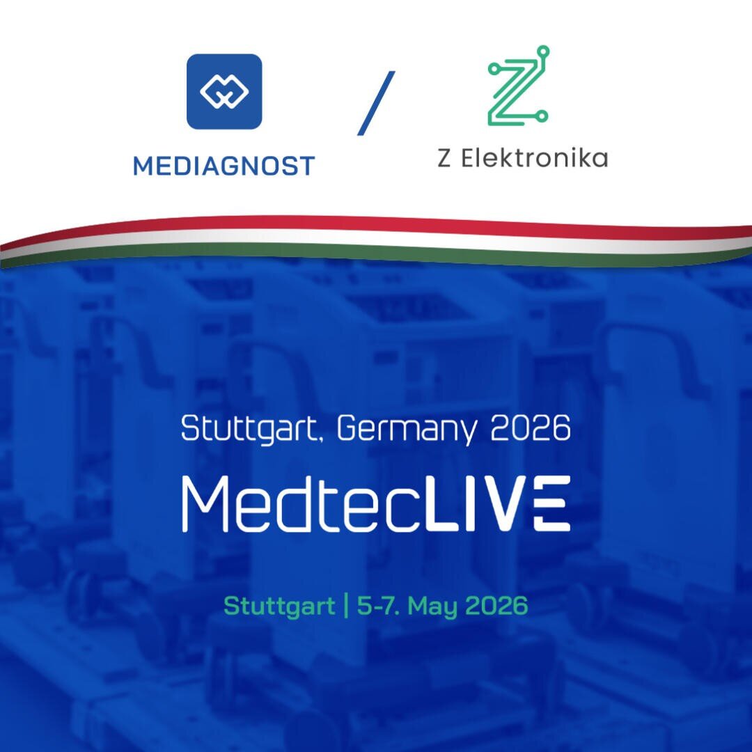Werbegrafik für die MedtecLIVE 2026 in Stuttgart, Deutschland, mit den Logos von Mediagnost und Z Elektronika, den Veranstaltungsdaten (5. bis 7. Mai 2026) und den Umrissen medizinischer Geräte im blauen Hintergrund.