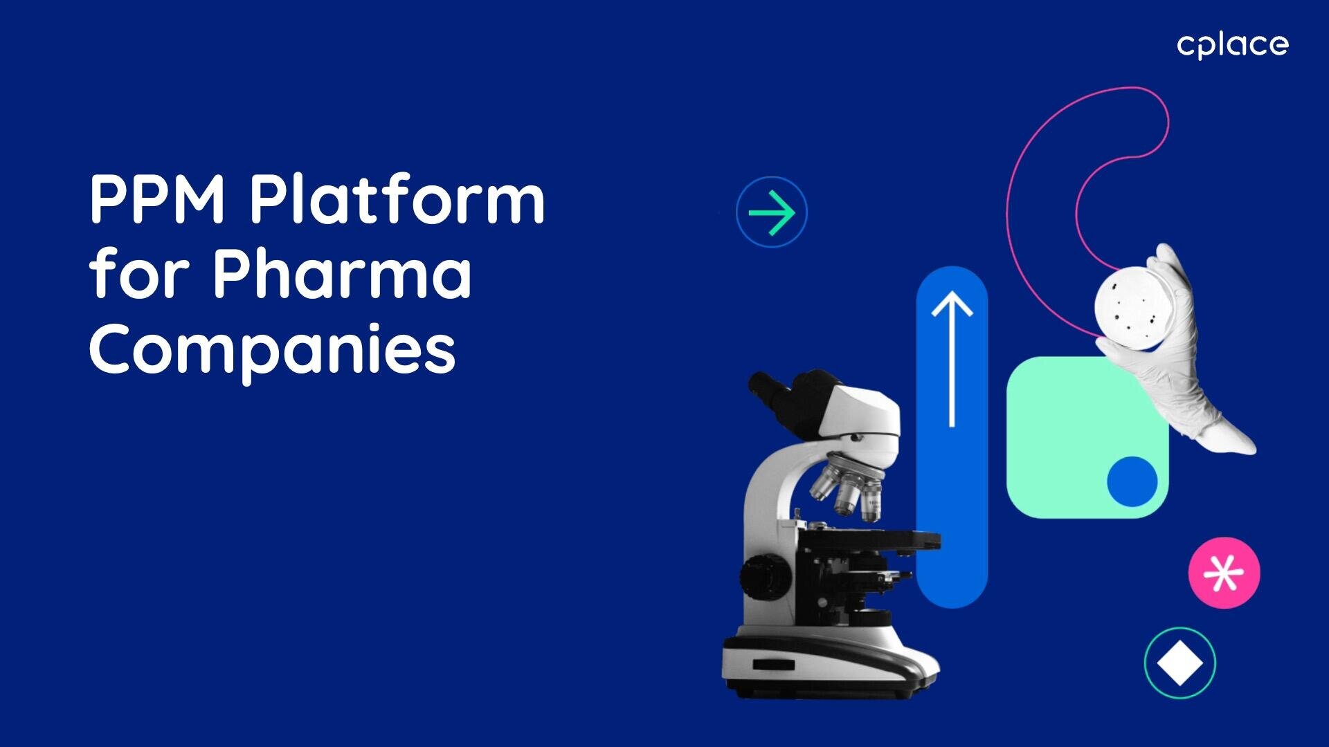 A graphic with the text PPM Platform for Pharma Companies features a microscope, abstract arrows, circles, and a gloved hand on a blue background, with the cplace logo in the top right corner.
