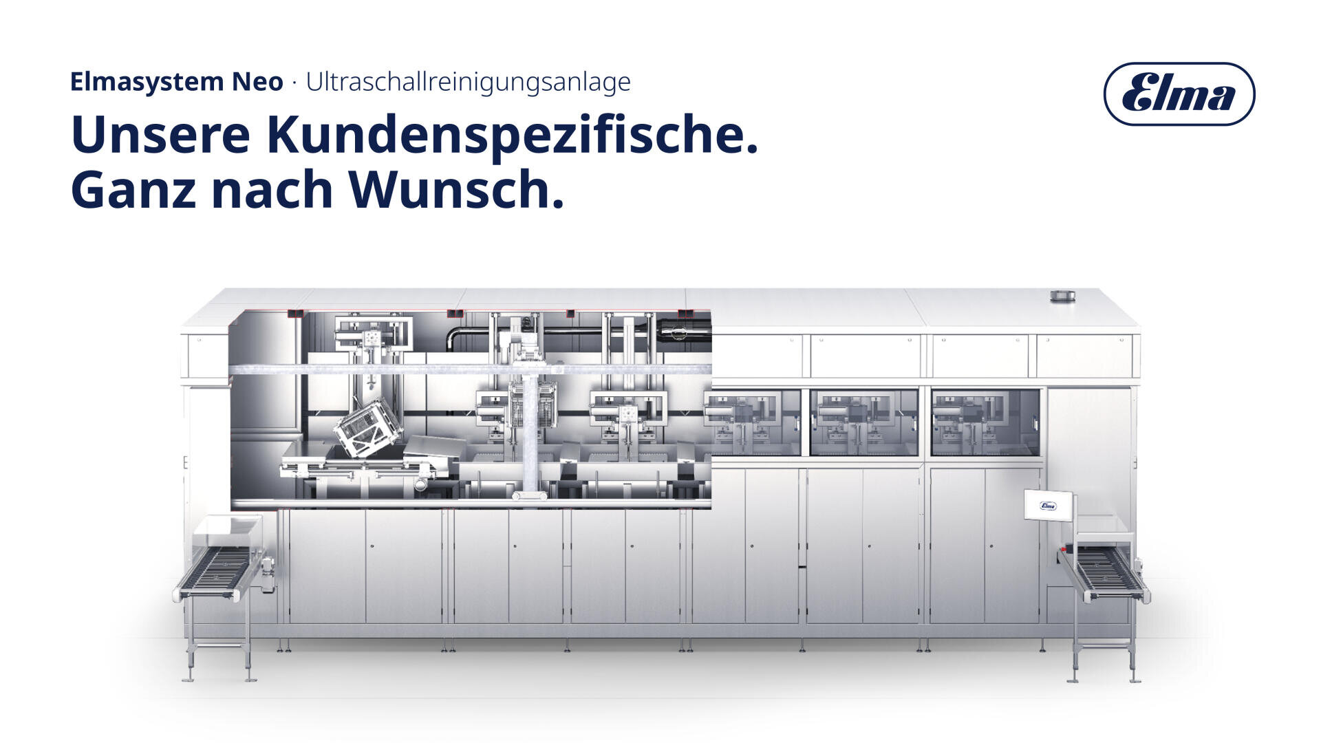 A large, industrial ultrasonic cleaning system with various visible internal components. The German text reads: Unsere Kundenspezifische. Just as you wish. The Elma logo is shown in the top right corner.