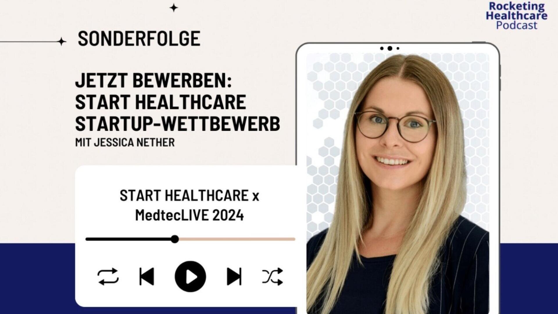 A promotional graphic for the Rocketing Healthcare Podcast features Jessica Nether. Text invites applications for the Start Healthcare startup competition at MedtecLIVE 2024. Media controls are shown below the event details.