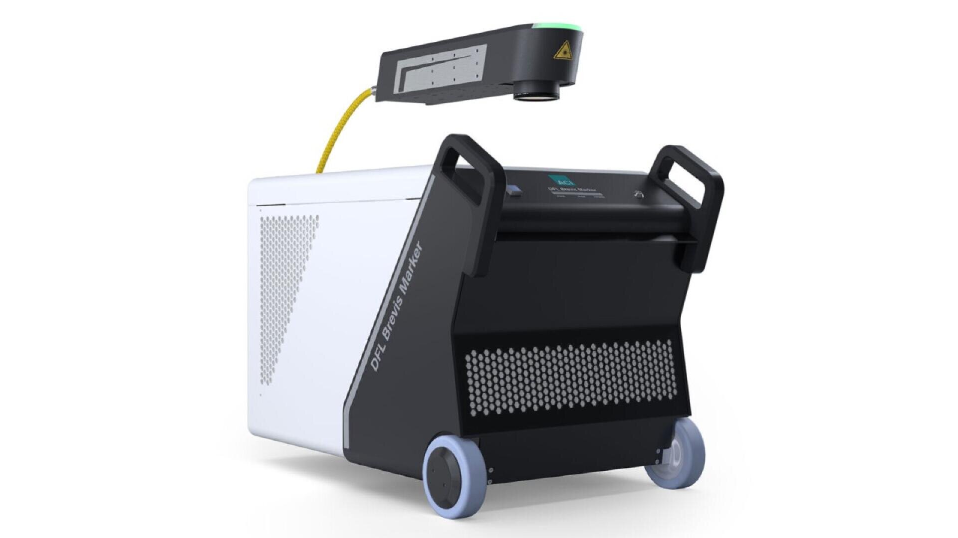 A mobile industrial machine with a wheeled base, handle, and a large touchscreen display. A yellow cable connects to an overhead laser or scanner unit, positioned above the main body. The machine has a modern, angular design.
