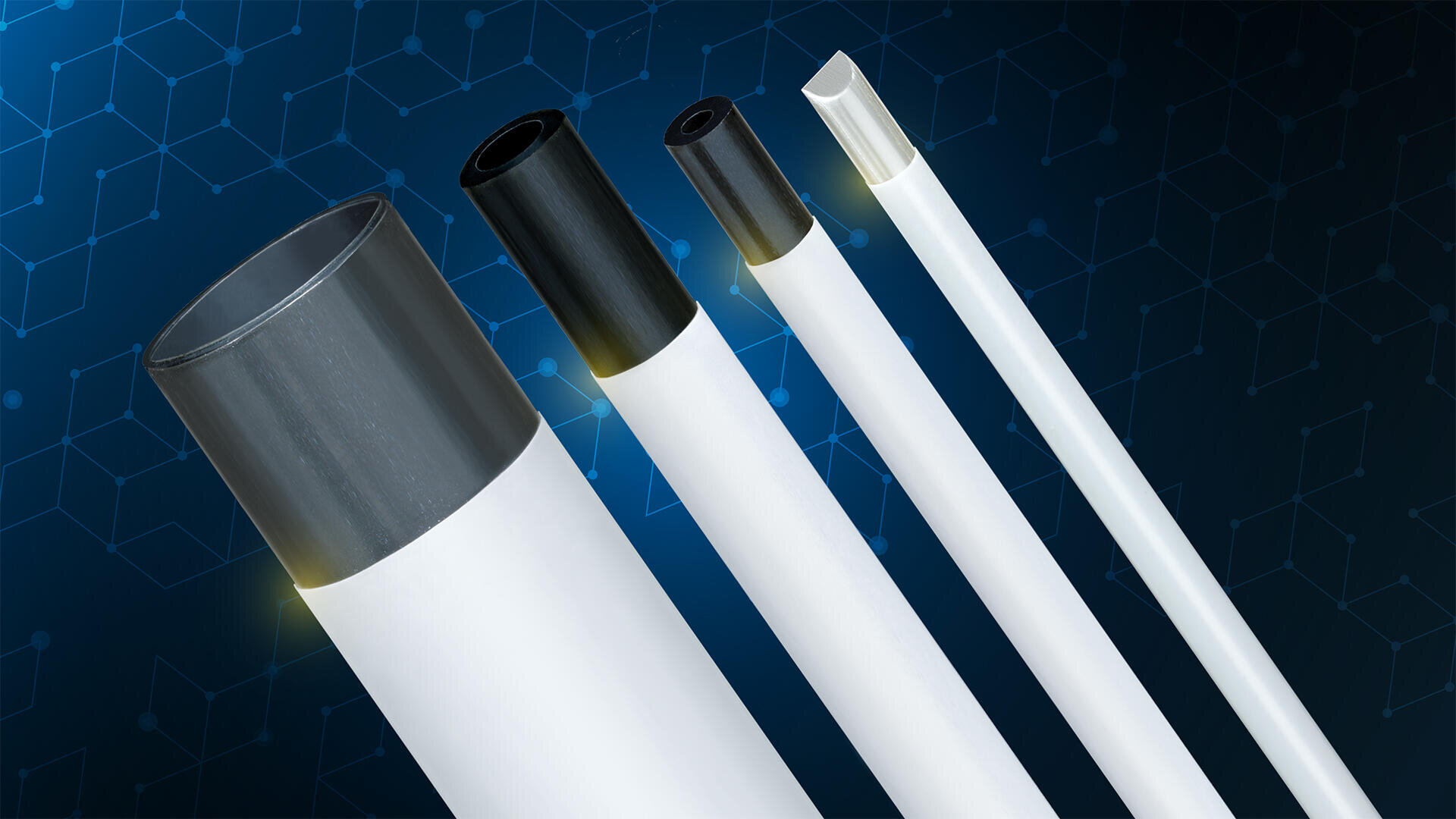 Four white cylindrical pipes of varying diameters with dark and metallic ends are displayed vertically against a blue background with a subtle geometric pattern.