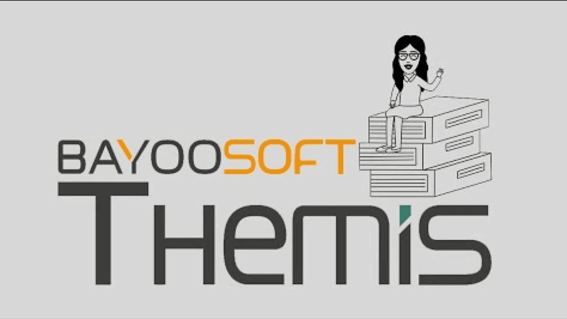 Logo for BAYOOSOFT Themis, featuring a cartoon woman with glasses sitting on a stack of folders above the large text Themis. The O in BAYOOSOFT is orange, and the background is light gray.