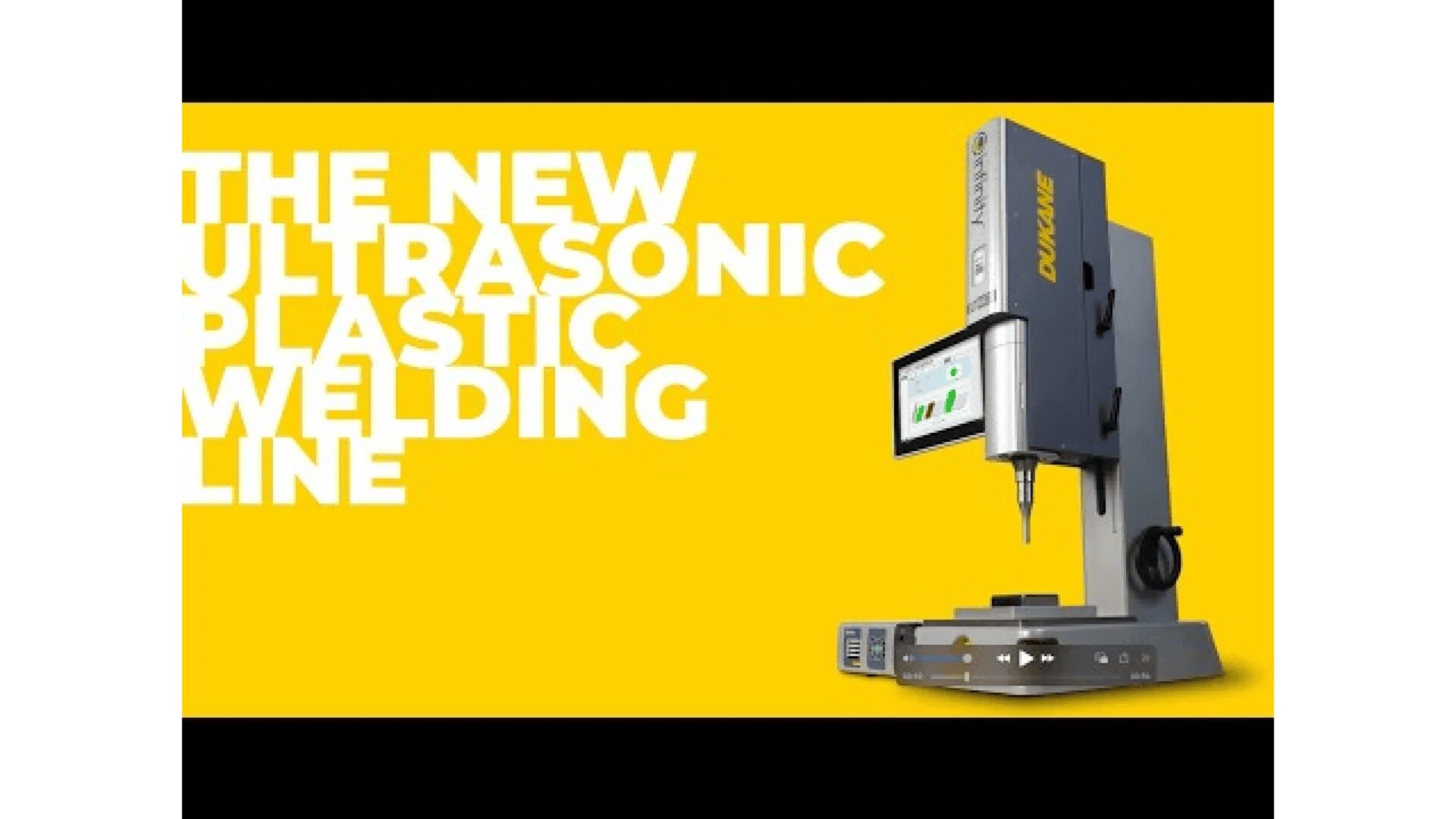 A gray ultrasonic plastic welding machine is displayed on a bright yellow background, with bold white text on the left reading THE NEW ULTRASONIC PLASTIC WELDING LINE.