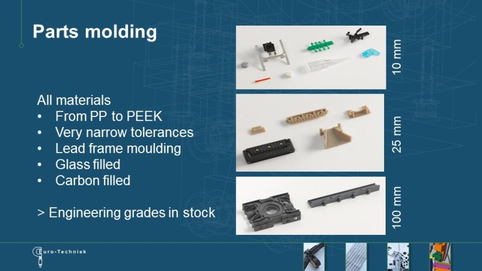 A slide titled Parts molding shows three images of molded parts in different sizes: 10 mm, 25 mm, and 100 mm. Text lists materials, tolerances, mold types, glass/carbon filling, and stock engineering grades.
