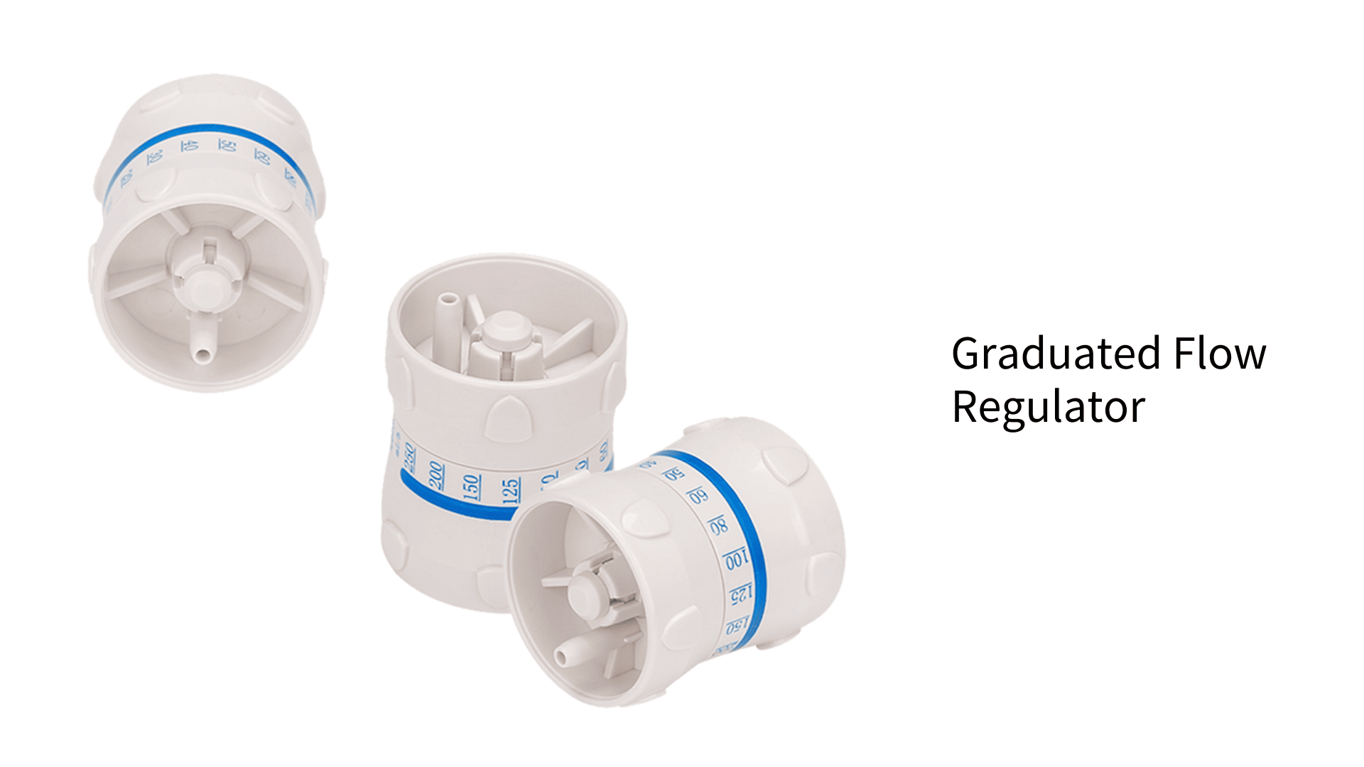 Drei weiße Durchflussmessgeräte mit blauen Messmarkierungen sind vor einem weißen Hintergrund platziert. Der Text Graduated Flow Regulator erscheint rechts neben den Geräten.