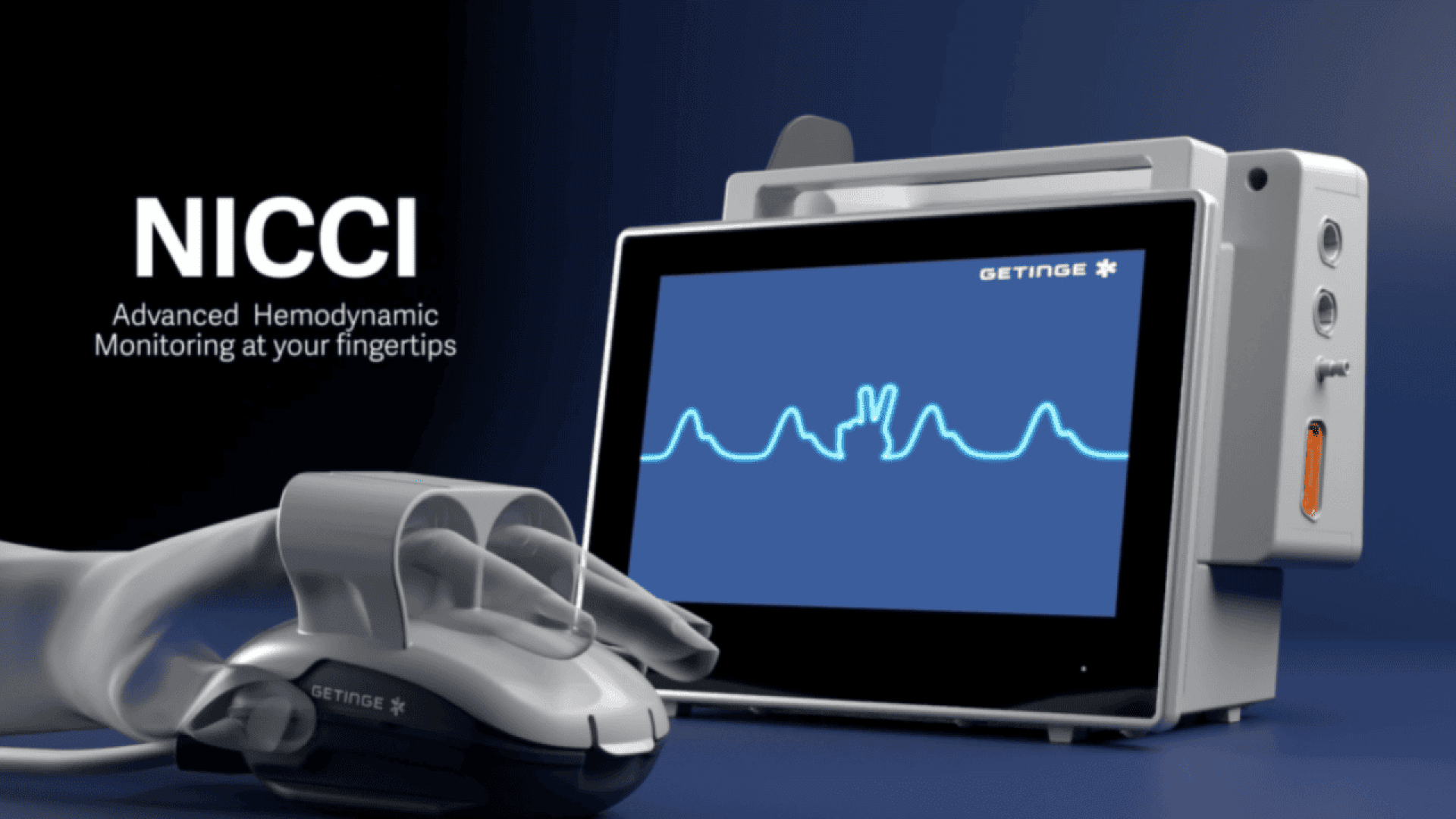 A medical device labeled “NICCI” displays a blue screen with a heartbeat waveform and a peace sign. Text reads: “Advanced Hemodynamic Monitoring at your fingertips.” A sensor is shown next to the monitor.