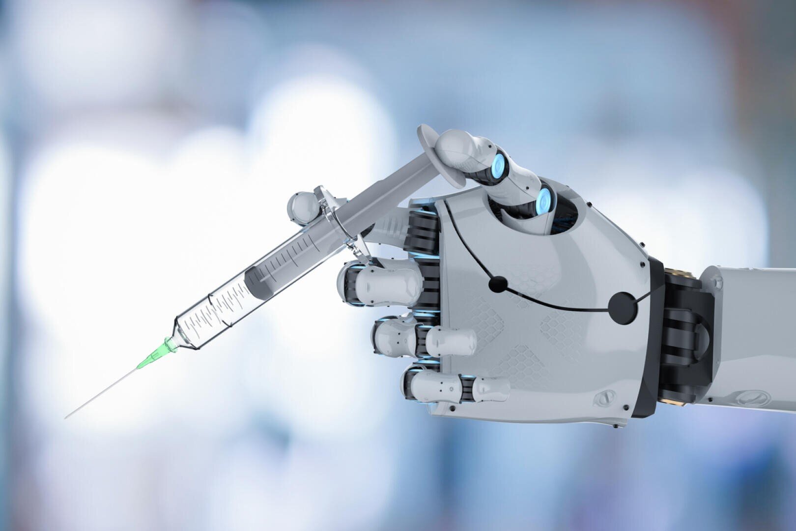 Eine Roboterhand, die eine Spritze mit einer grünen Nadel vor einem unscharfen blauen und weißen Hintergrund hält, deutet auf fortschrittliche Medizintechnik oder robotergestützte Unterstützung im Gesundheitswesen hin.