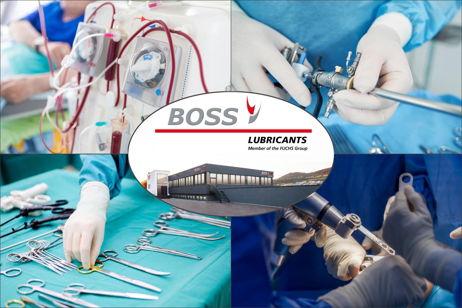 Collage mit chirurgischen Instrumenten, einem Dialysegerät, Chirurgen, die operieren, und dem Logo von BOSS Lubricants mit einem Gebäude, das medizinische und chirurgische Geräte sowie den Schriftzug des Unternehmens hervorhebt.