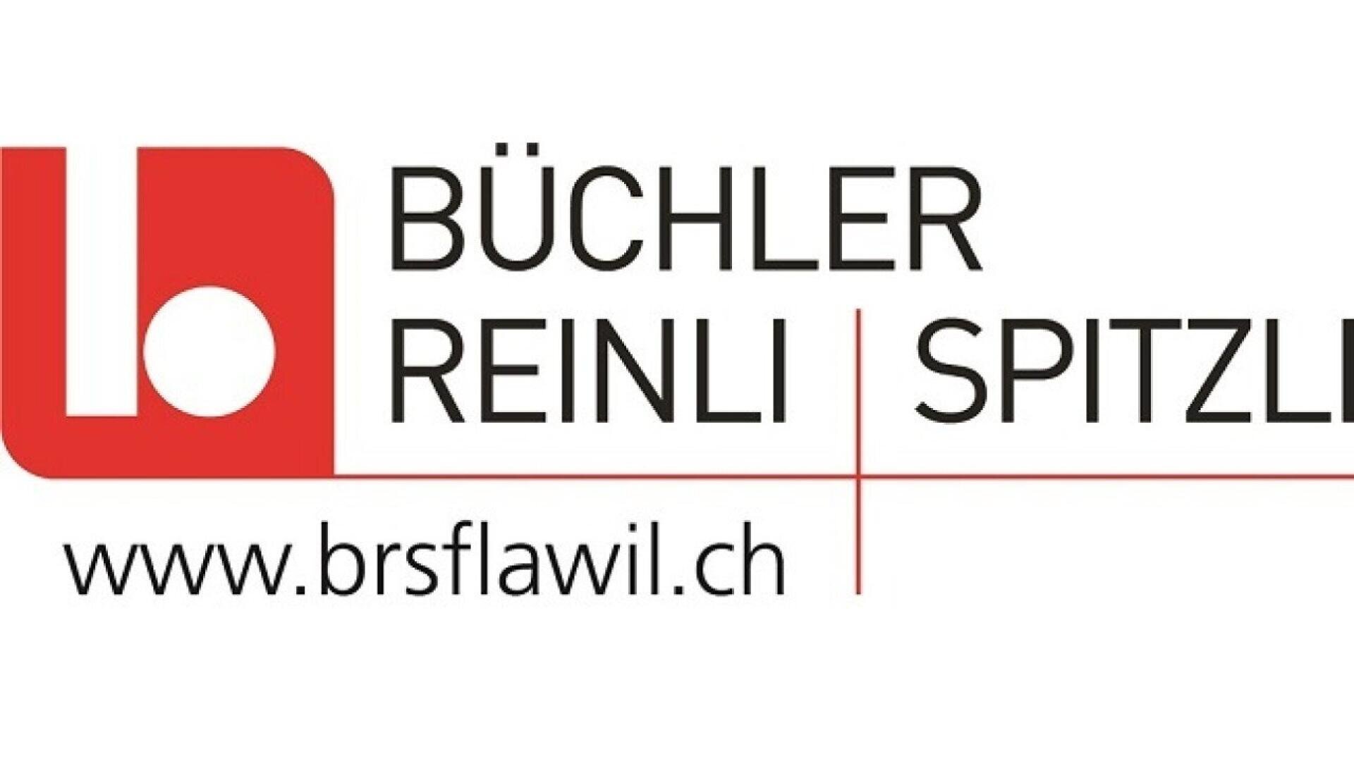 Logo of BÜCHLER REINLI SPITZLI with a red and white abstract symbol on the left and the website address www.brsflawil.ch below the company name on the right.