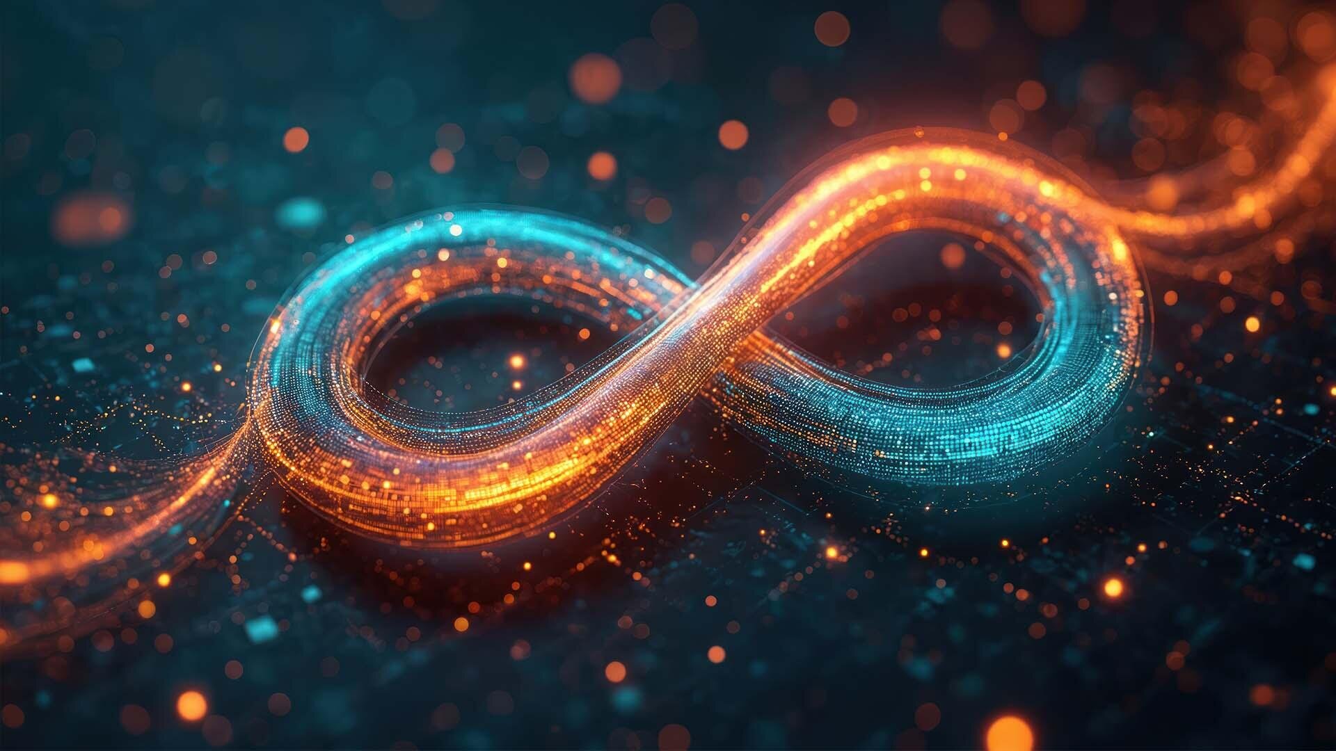 Ein leuchtendes Unendlichkeitssymbol aus digitalen blauen und orangefarbenen Lichtspuren erscheint vor einem dunklen, verschwommenen Hintergrund mit verstreuten Lichtpartikeln und steht für Technologie und unbegrenzte Möglichkeiten.