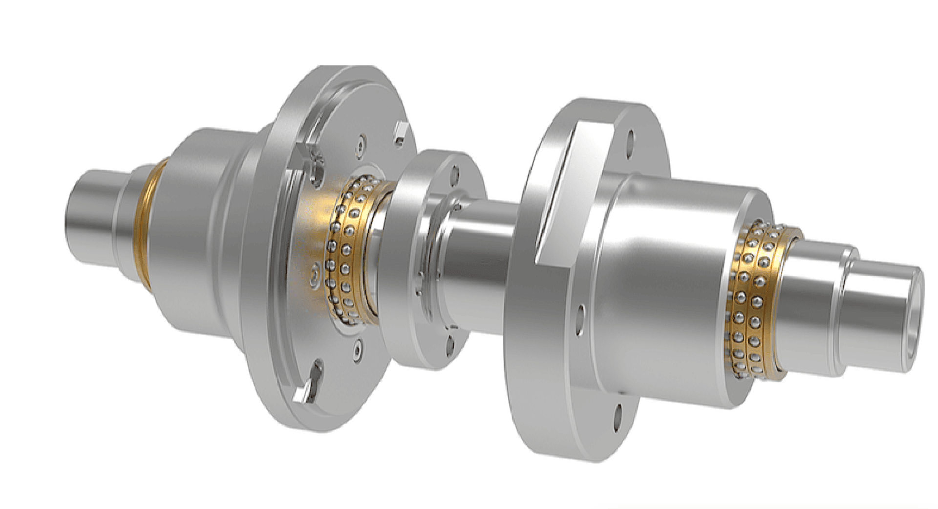 A 3D rendered image of a mechanical assembly featuring two silver cylindrical shafts with golden ball bearings and flanges, designed for rotational movement and precise alignment.
