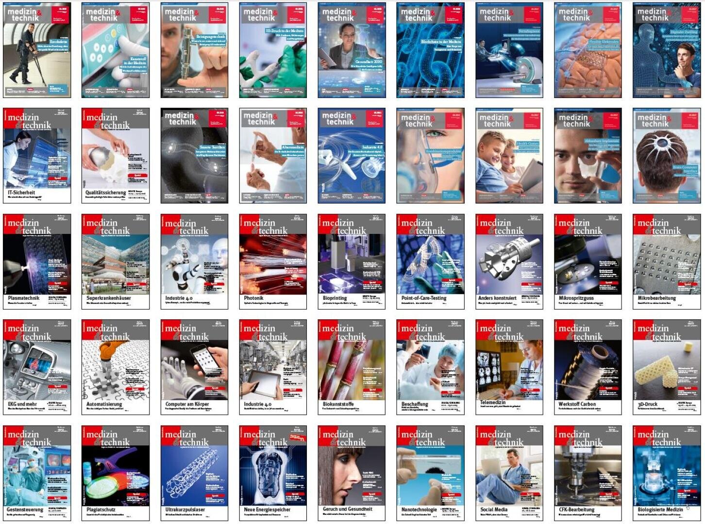 Eine Collage aus mehreren Titelseiten des Magazins *medizintechnik*, die jeweils Bilder mit Bezug zur Medizintechnik zeigen, z. B. medizinisches Fachpersonal, medizinische Geräte, Ausrüstung, digitale Gesundheit und wissenschaftliche Illustrationen.