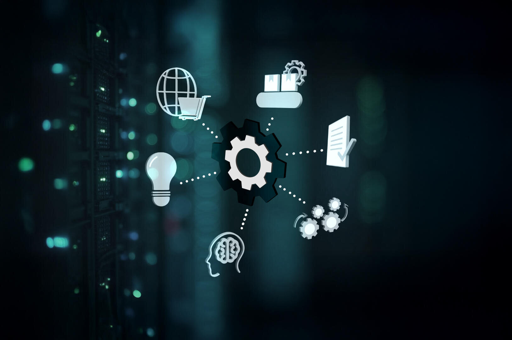 Eine digitale Illustration eines Zahnrads in der Mitte, das mit Symbolen einer Weltkugel, eines Einkaufswagens, eines Pakets, einer Checkliste, eines Zahnrads, eines menschlichen Kopfs und einer Glühbirne verbunden ist und die Automatisierung und Prozessintegration auf einem dunklen Hintergrund symbolisiert.