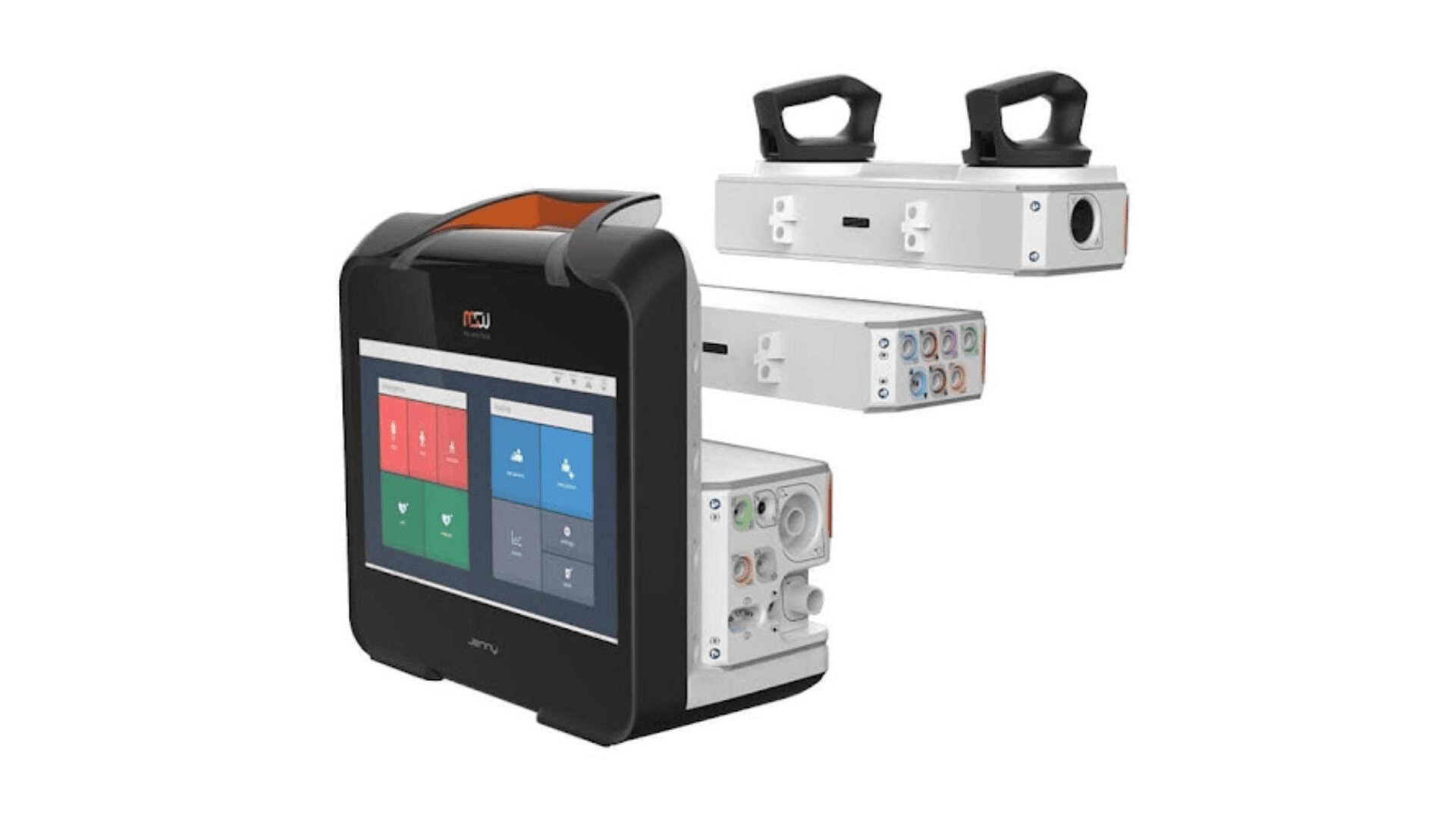 Ein modulares medizinisches Gerät mit einem Touchscreen-Display und abnehmbaren Einheiten mit Anschlüssen, Bedienelementen und Griffen, das für die Überwachung und Diagnose entwickelt wurde.