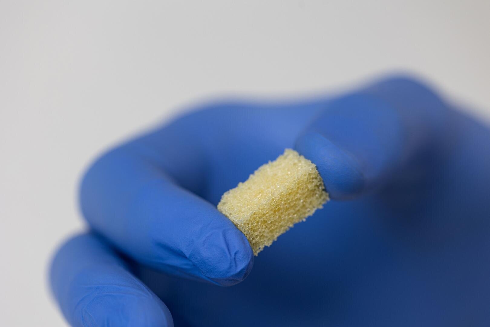 A hand in a blue glove holds a small, yellow, porous sponge or foam object against a plain, light background.
