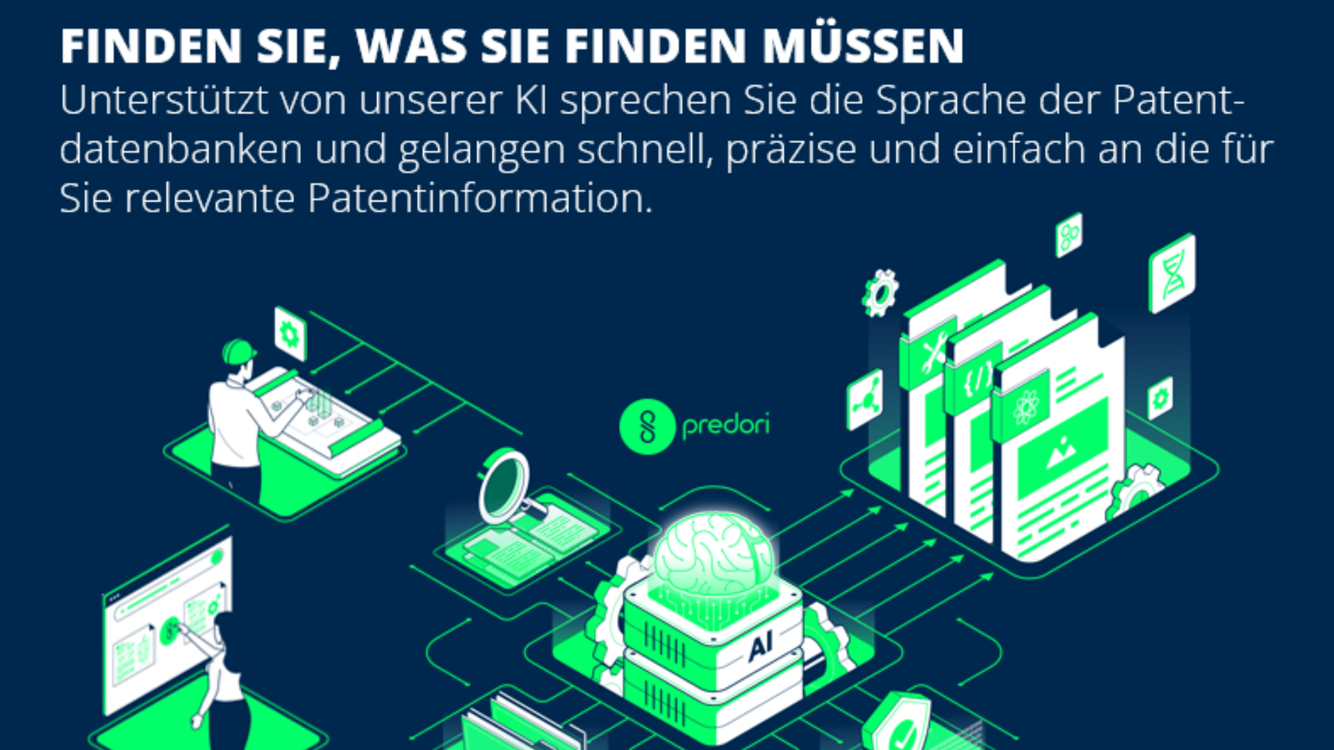 Illustration mit Symbolen für die digitale Patentsuche, KI-Symbolen und Menschen, die Technologie nutzen, begleitet von einem deutschen Text über die Verwendung von KI zum schnellen Auffinden relevanter Patentinformationen.
