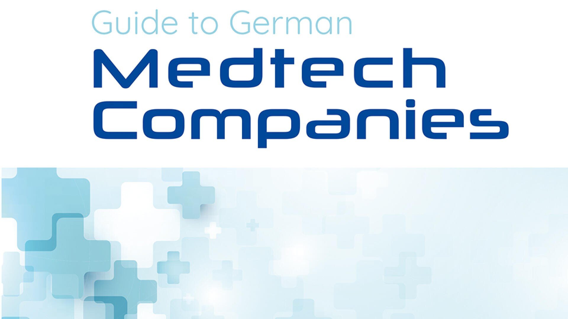Cover image with the text "Guide to German Medtech Companies" over a blue and white abstract background with overlapping medical cross symbols.