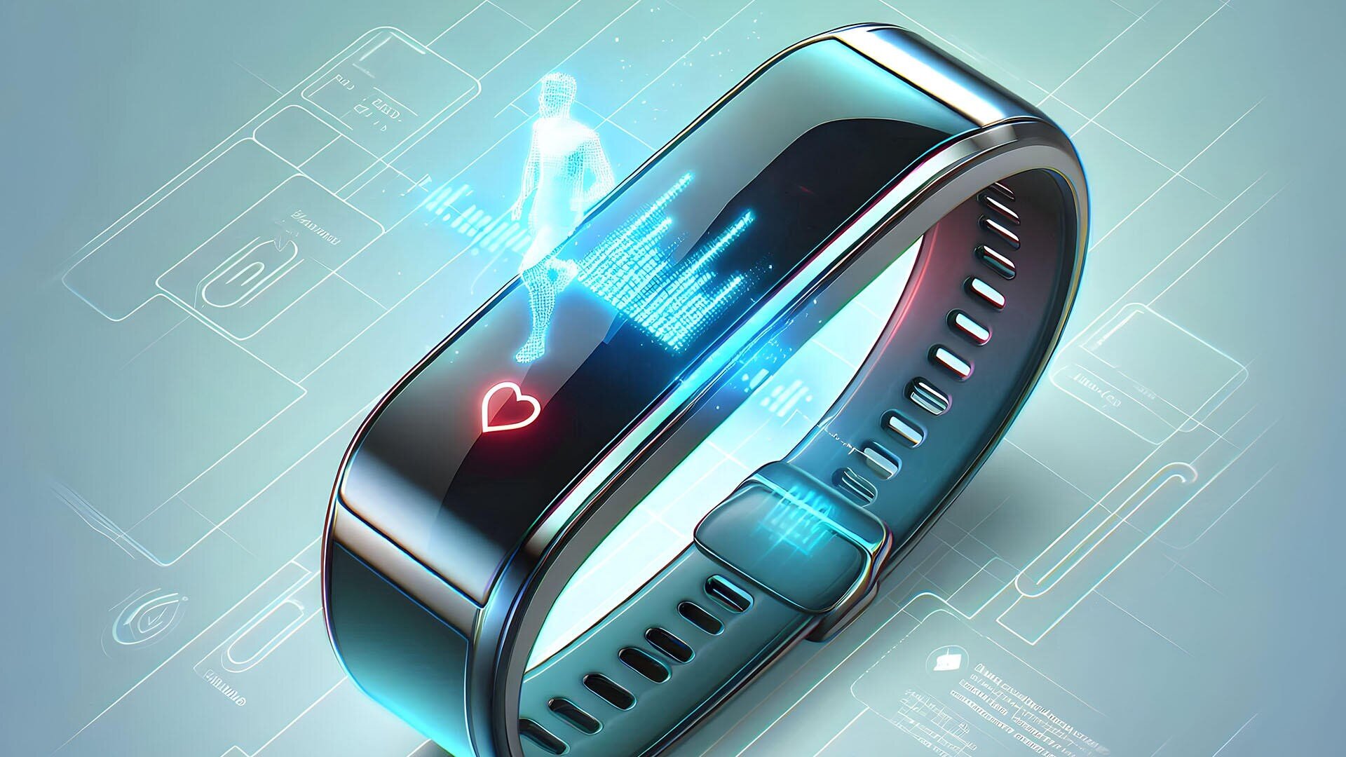 Ein schlankes, intelligentes Fitnessarmband zeigt ein leuchtendes Herzsymbol mit einer holografischen Figur, die joggt, und eine Visualisierung digitaler Gesundheitsdaten, die das Gerät umgibt und Gesundheits- und Aktivitätsüberwachungstechnologie symbolisiert.