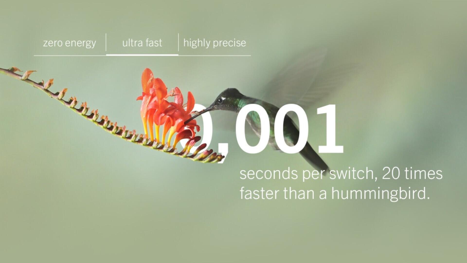 A hummingbird hovers near a red flower with blurred wings. Overlaid text reads: zero energy, ultra fast, highly precise. 0.001 seconds per switch, 20 times faster than a hummingbird.