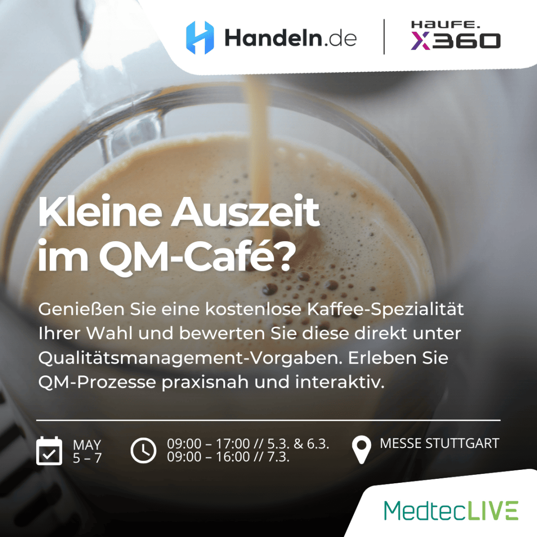 Close-up of a cup of coffee with text overlay advertising a free specialty coffee event at Messe Stuttgart. Event details and times are listed and invite visitors to the QM Café to experience quality management interactively.