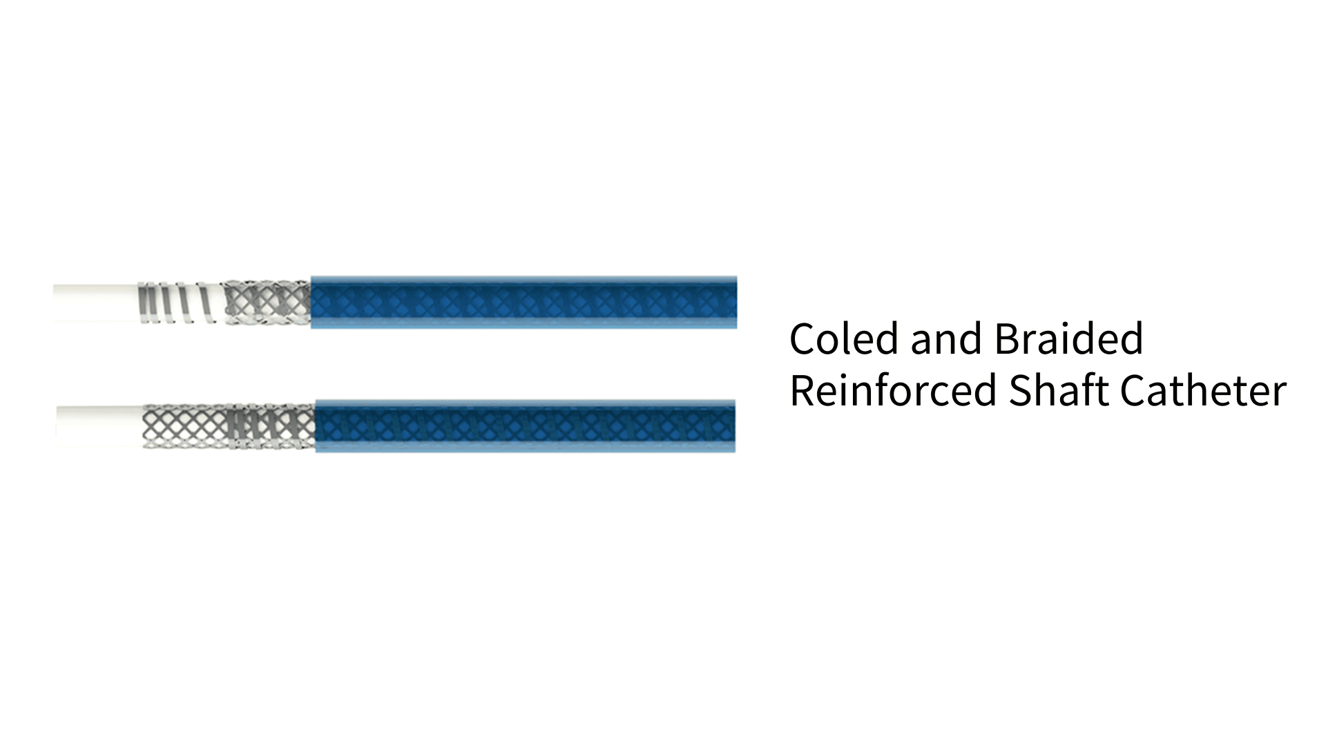 Zwei blaue Katheterschäfte sind nebeneinander abgebildet. Der obere Schaft hat eine gewickelte Verstärkung, der untere Schaft eine geflochtene Verstärkung. Der Text lautet: Gewickelte und geflochtene verstärkte Katheterschäfte.