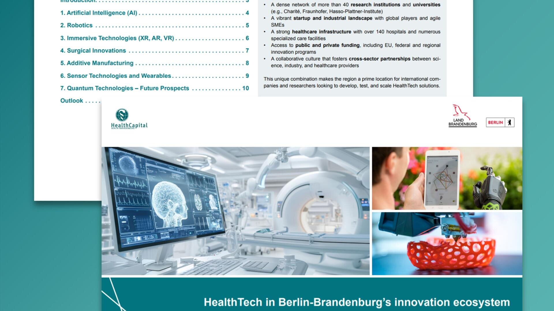 Auf einer Berichtsseite finden sich ein Inhaltsverzeichnis zu Themen der Gesundheitstechnologie, Logos von HealthCapital und Berlin Partner sowie Bilder von Medizintechnik, einem Roboterarm und 3D-Druck. Der Titel der Seite lautet "HealthTech im Innovationsökosystem Berlin-Brandenburg".