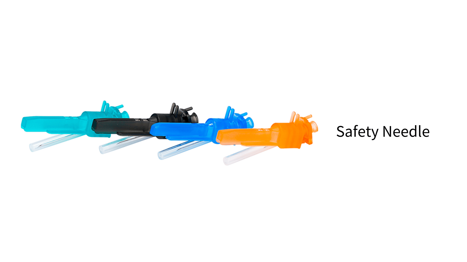 Vier Sicherheitsnadeln in Teal, Schwarz, Blau und Orange sind horizontal auf einem weißen Hintergrund angeordnet. Der Text Safety Needle erscheint rechts neben den Nadeln.