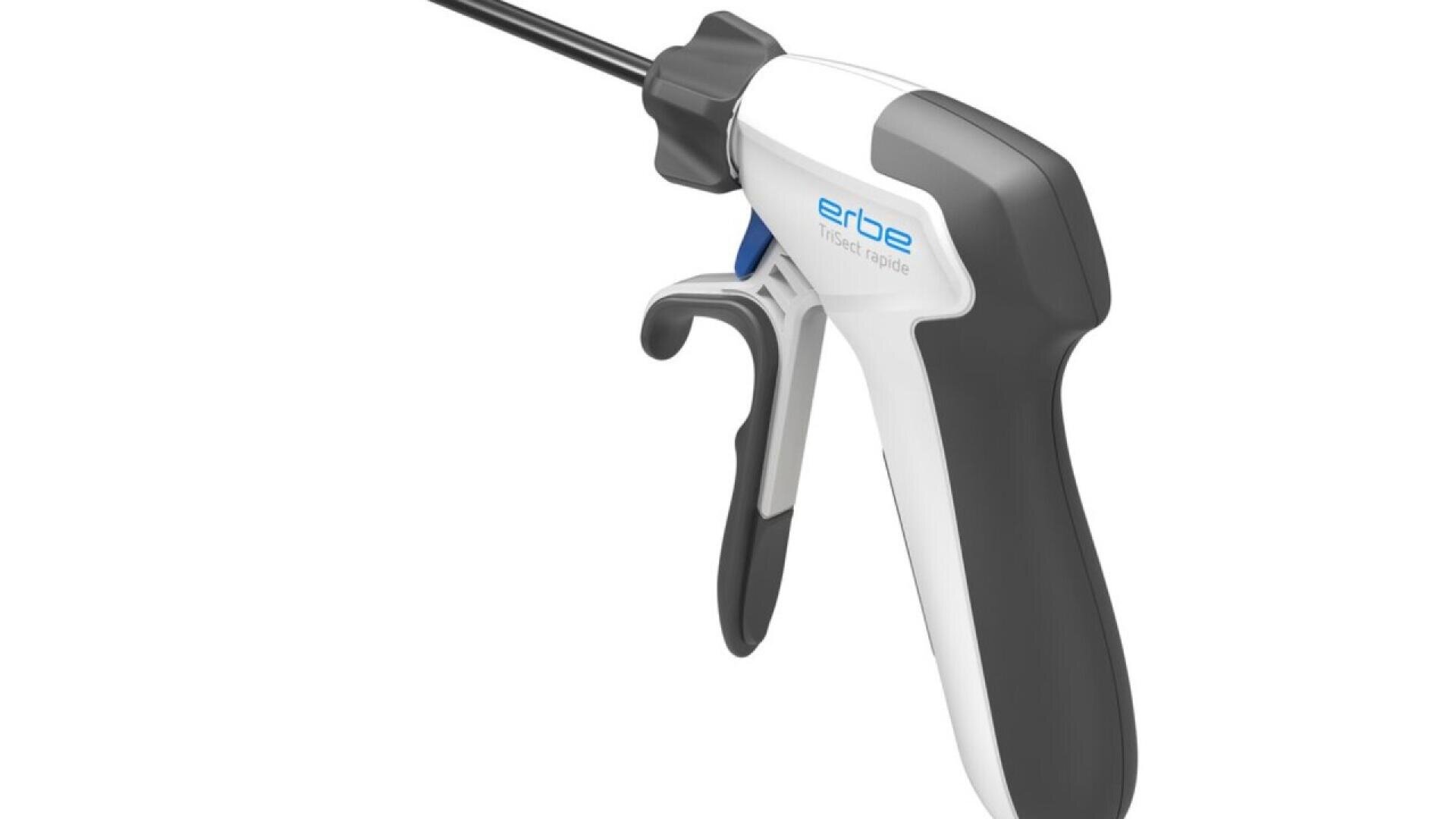 A close-up view of a medical instrument with a white and gray ergonomic handle and a long black shaft, labeled erbe.