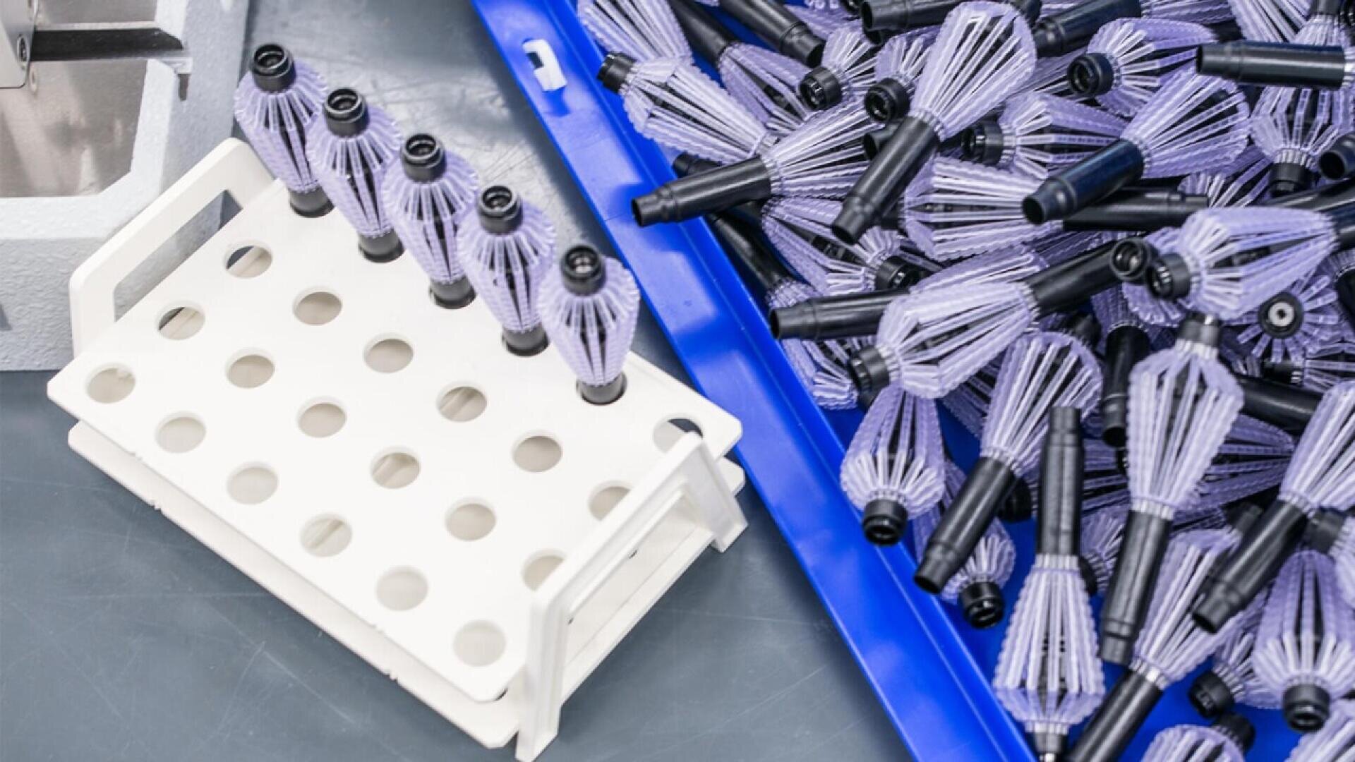 A white rack holds several black and purple bristle brushes, with many more similar brushes piled in a blue tray next to it, all placed on a gray surface.