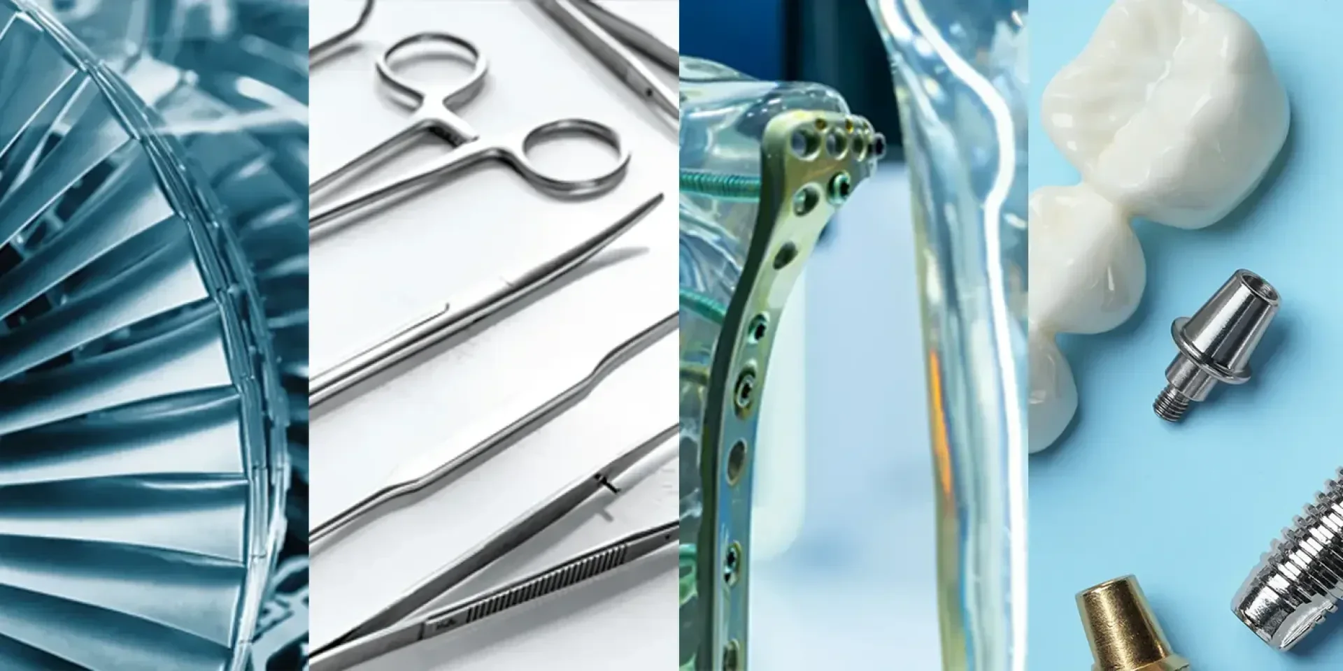 Eine Collage mit einer Turbinenschaufel, chirurgischen Instrumenten, einem Knochenimplantat aus Metall, Zahnkronen und Zahnimplantaten auf blauem Hintergrund, die verschiedene Anwendungen von Metall in unterschiedlichen Branchen darstellen.