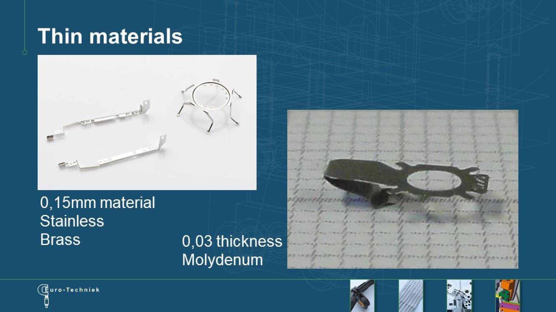 Foto mit dünnen Metallteilen: links mehrere Edelstahl- und Messingstücke (0,15 mm dick); rechts eine Nahaufnahme eines kleinen Molybdänbauteils (0,03 mm dick) auf Millimeterpapier.