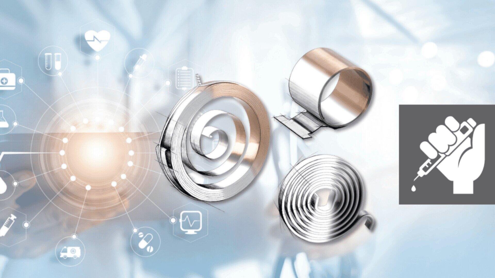 In der Mitte sind drei metallische Spiralfedern abgebildet, im Hintergrund befinden sich digitale medizinische Symbole und eine leuchtende kreisförmige Schnittstelle. Auf der rechten Seite befindet sich die Grafik einer Faust, die eine Spritze hält.