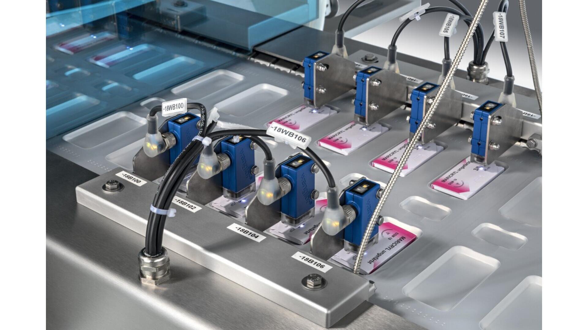 Close-up of an automated industrial machine with blue sensors and labeled cables inspecting or processing plastic cards in a grid layout on a metal surface.