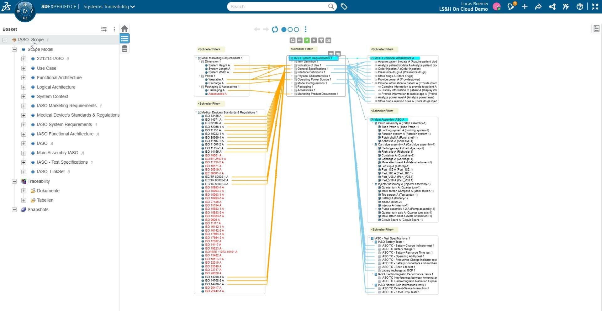 Ein Screenshot eines Systems Traceability-Tools zeigt ein Flussdiagramm mit drei Hauptspalten verbundener Elemente, die Trace-Links zwischen Systemanforderungen und Testfällen darstellen, mit hervorgehobenen Links in Orange und Blau.