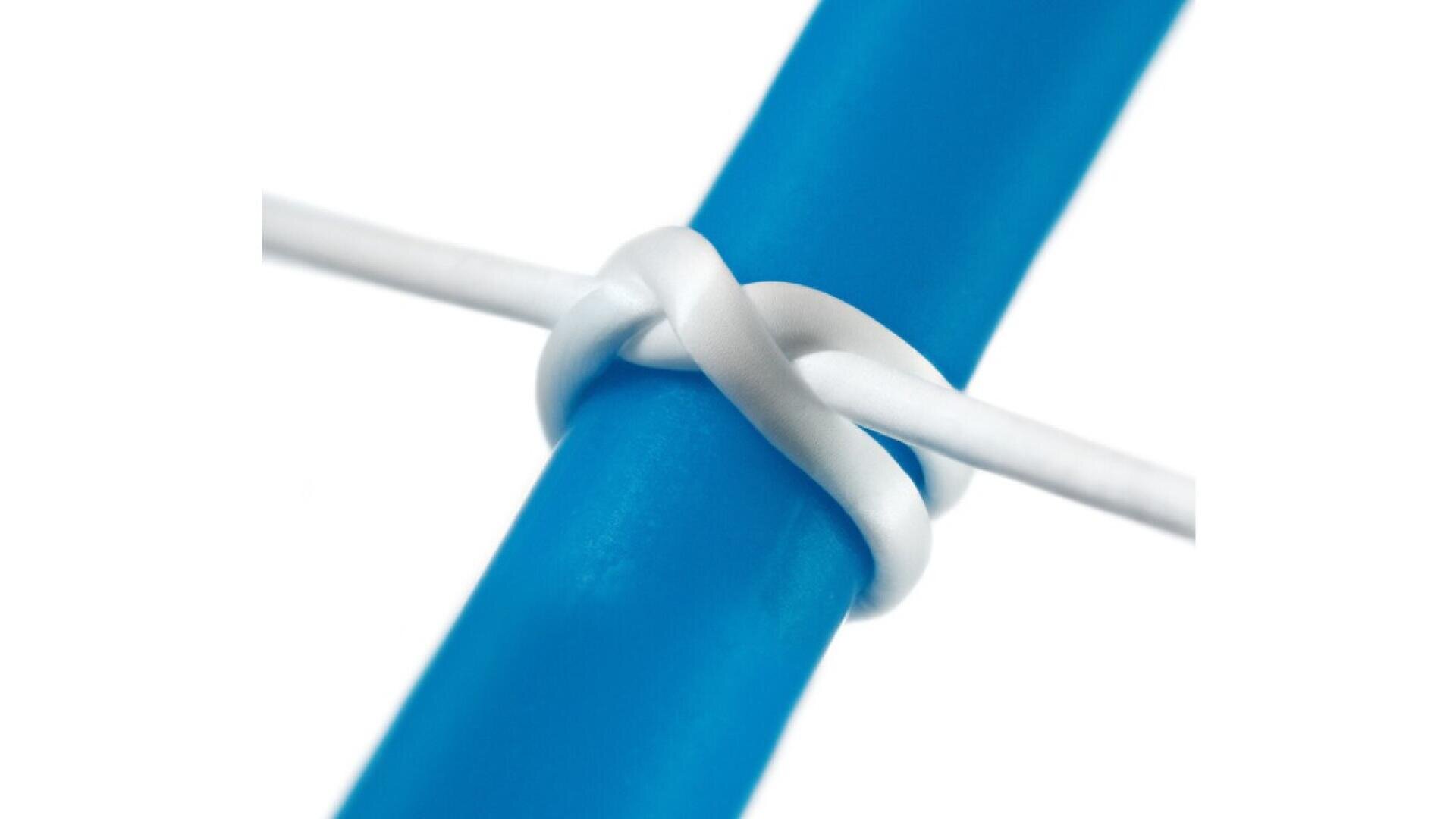 A white cable is neatly tied around a blue cylindrical object using a knot, with both objects set against a white background.