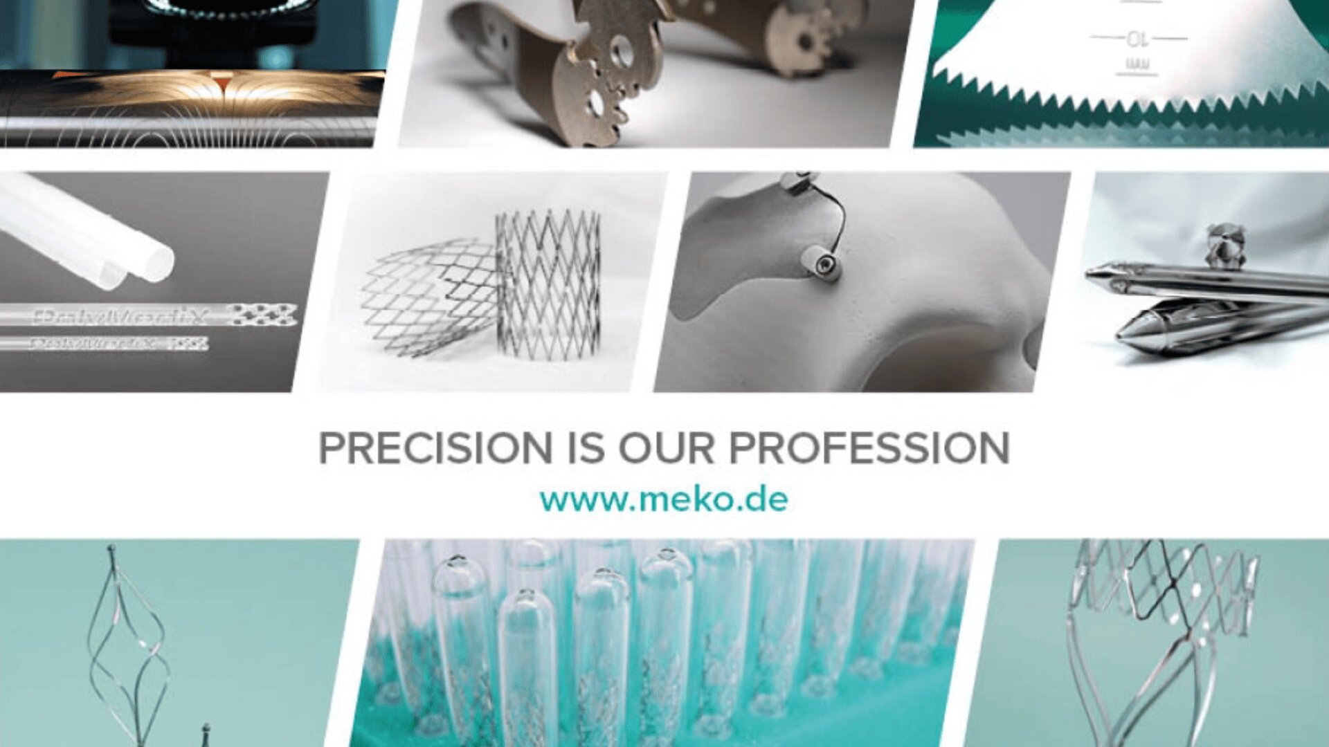 A collage of medical and precision-engineered instruments and components, with the text “PRECISION IS OUR PROFESSION” and the website www.meko.de in the center.