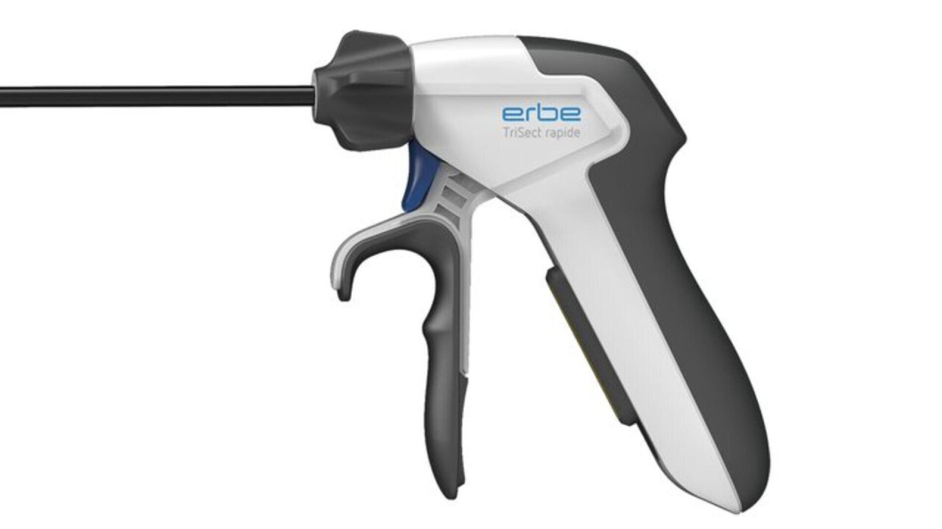 A close-up of a white and black handheld medical device labeled erbe TriSect rapide, featuring a trigger handle and a long, thin black shaft extending from the front.